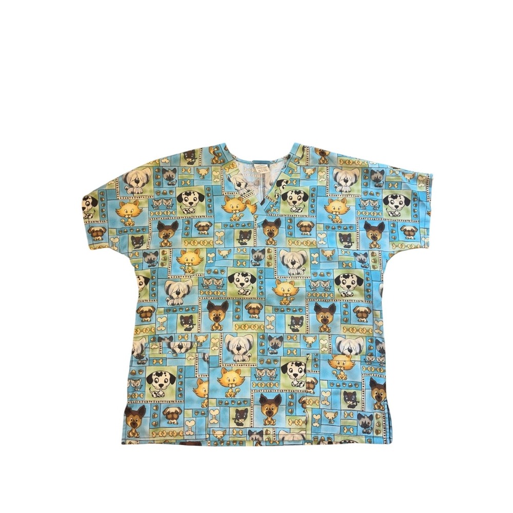 Scrub HQ Womens Medium Blue Cartoon Dog Cat Vet V-Neck Scrub Top 4700 PBOY